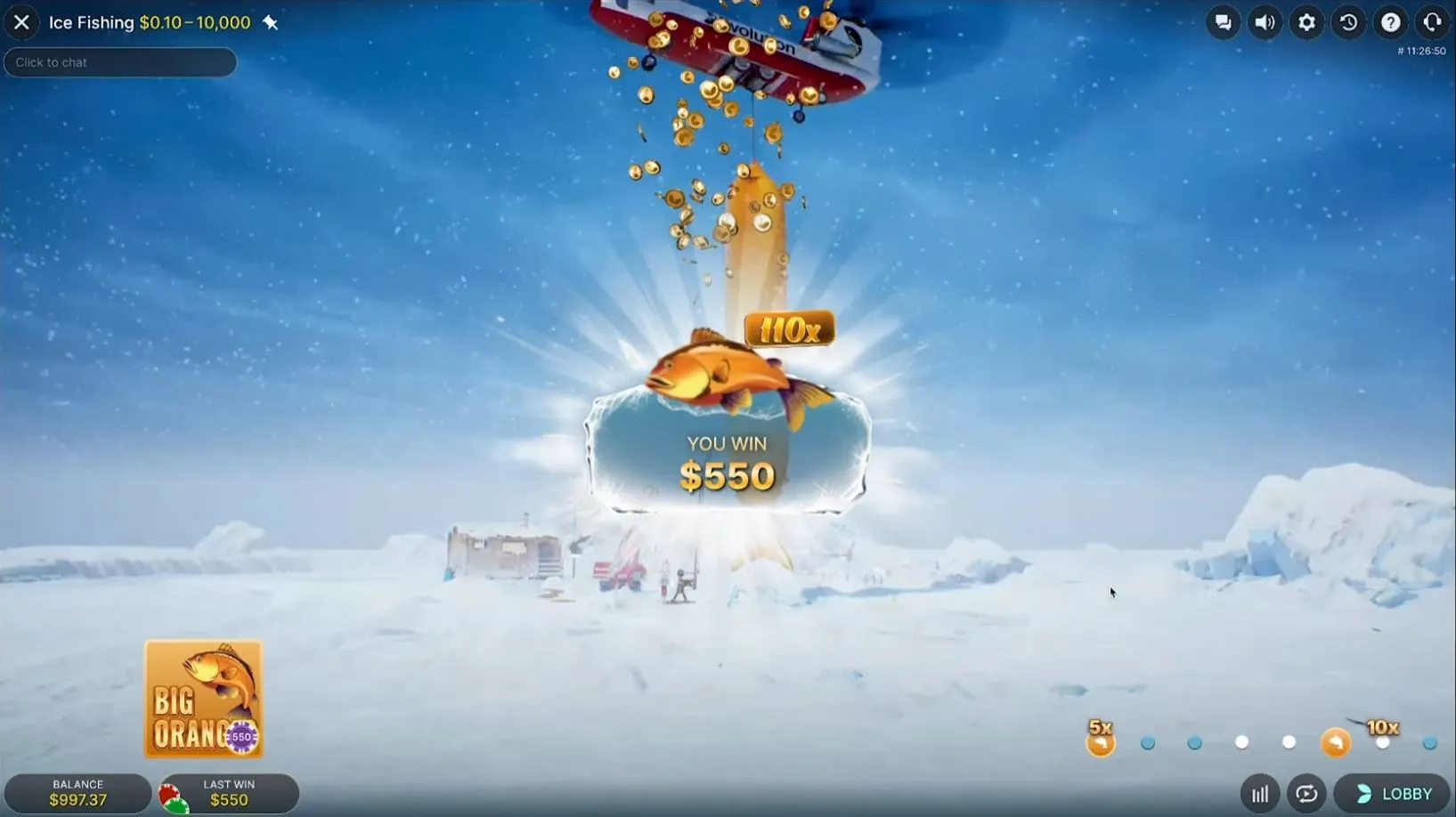 Ice Fishing big win example - multiplier stacking leading to massive payout