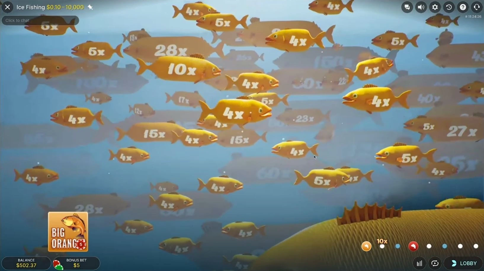 Big Oranges bonus round in Ice Fishing - orange fish with multipliers 4x to 200x