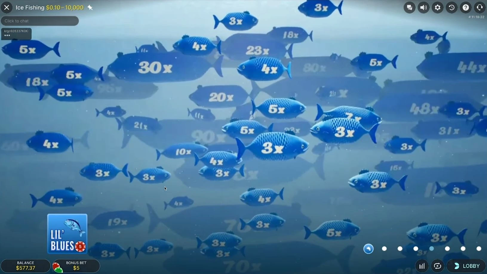 Lil' Blues bonus round in Ice Fishing - blue fish with multipliers 3x to 100x